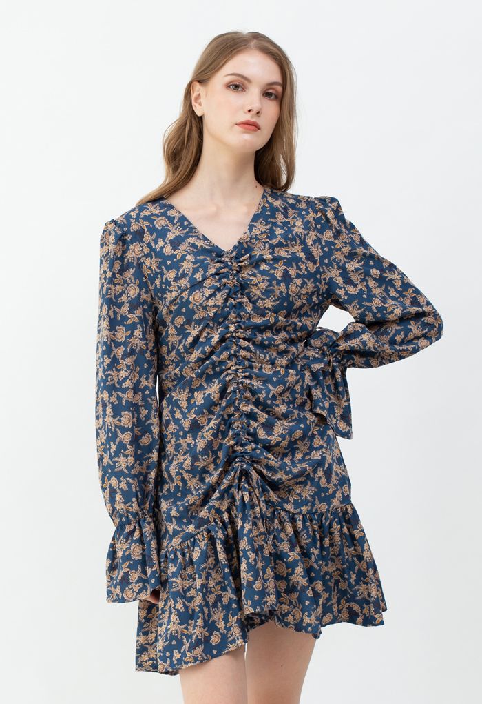 Floral Drawstring Ruched Front Dress in Indigo