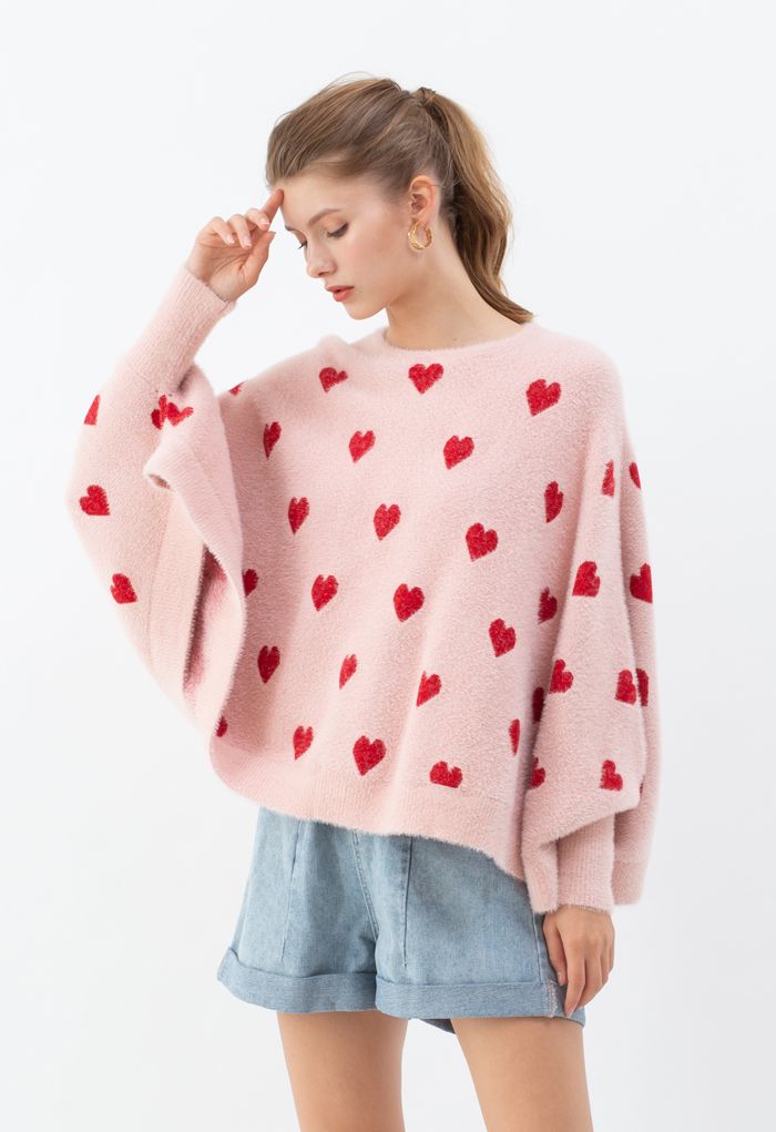 Batwing Sleeves Heart Fluffy Knit Sweater in Pink - Retro, Indie and ...
