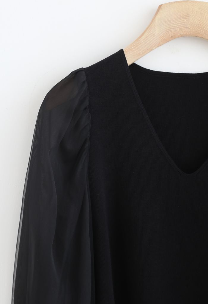 Organza Mesh Sleeves V-Neck Knit Top in Black