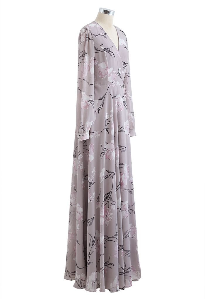 Stunning Lavender Floral Print Wrap Chiffon Maxi Dress