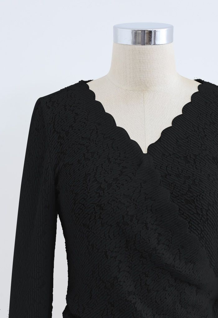 Side Drawstring Textured Wrap Lace Top in Black