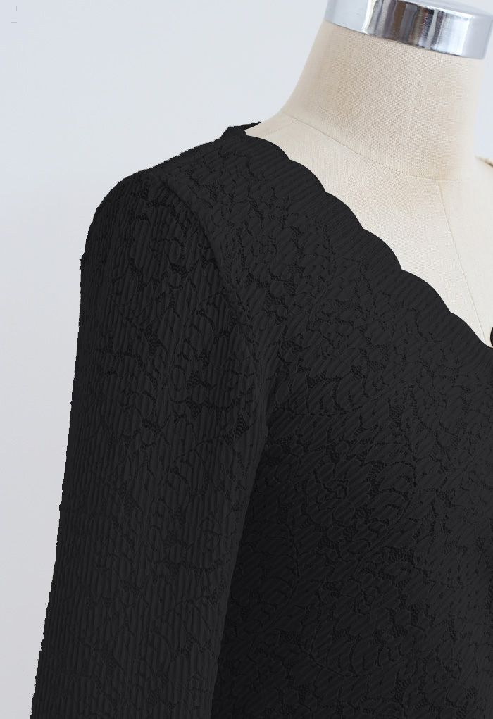 Side Drawstring Textured Wrap Lace Top in Black
