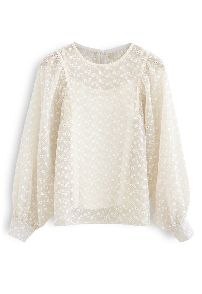Embroidered Daisy Puff Sleeve Organza Top in Cream