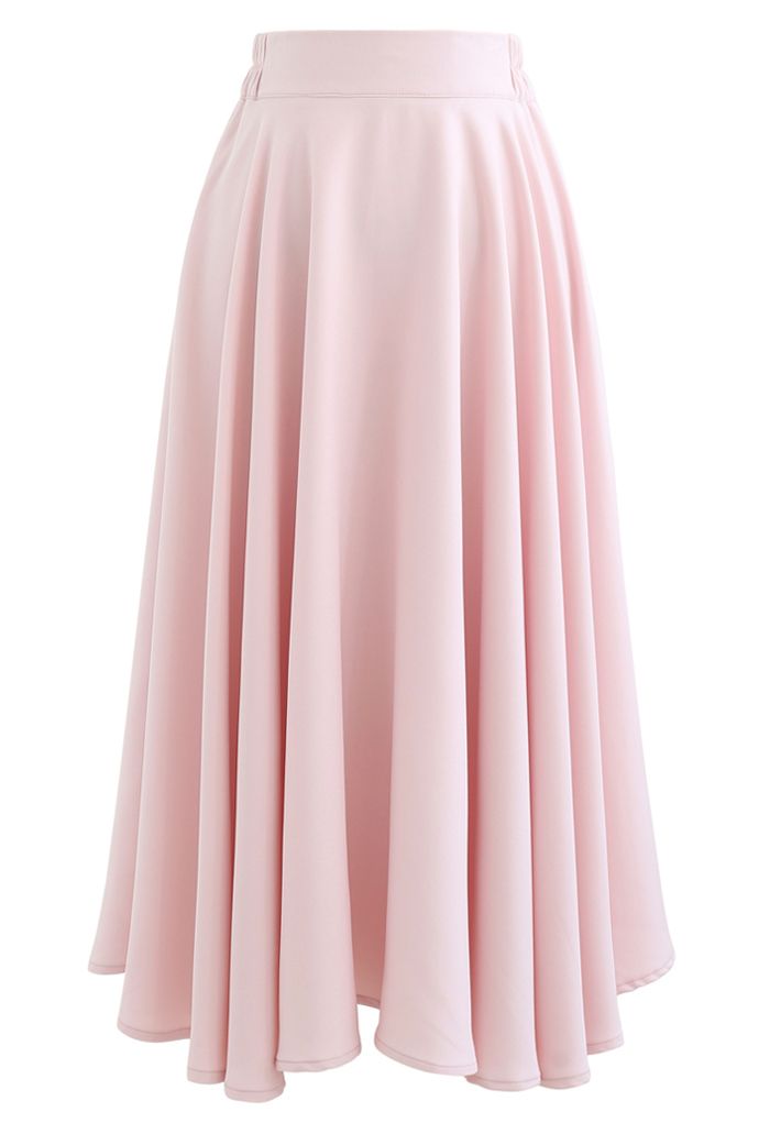 Solid Color Elastic Waist Flare Midi Skirt in Pink
