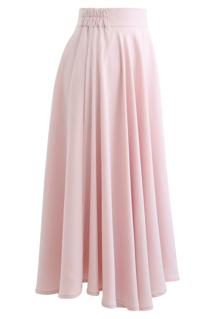 Solid Color Elastic Waist Flare Midi Skirt in Pink