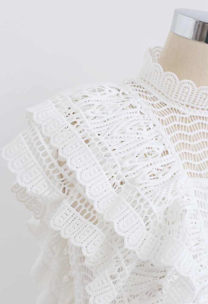 Tiered Ruffle Crochet Mock Neck Sleeveless Top in White