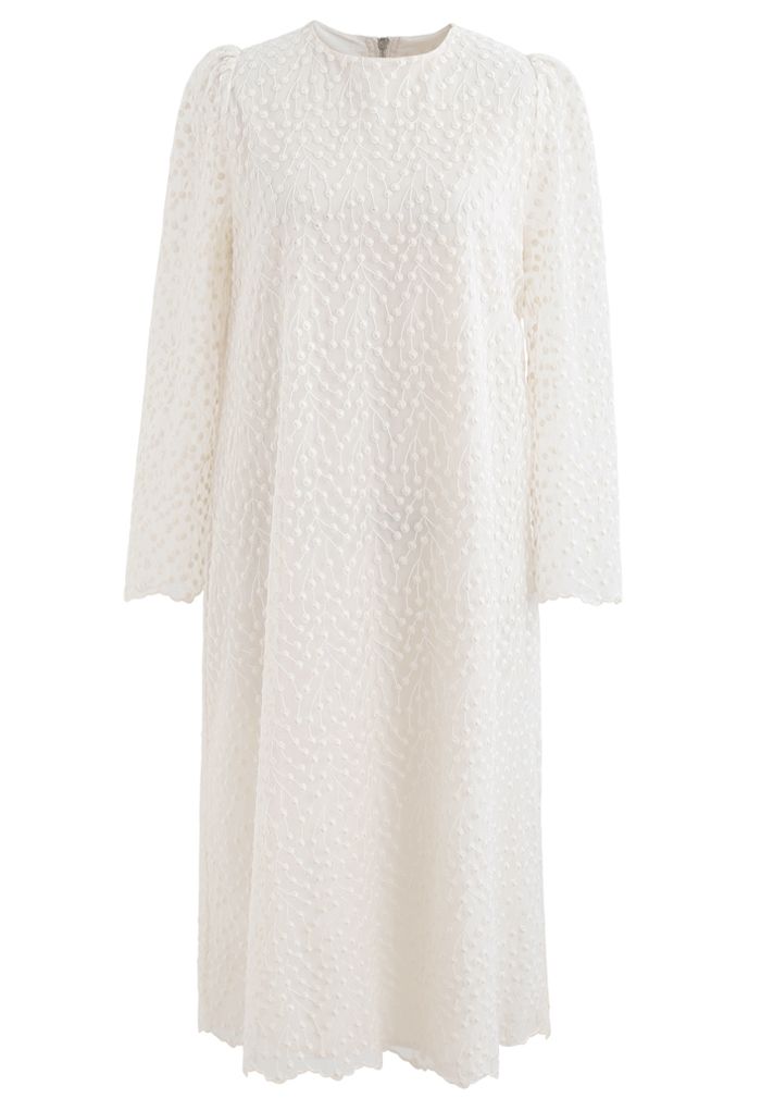 Embroidered Vine Dots Mesh Dress in Cream