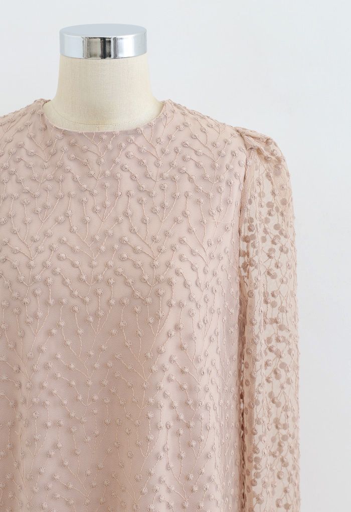 Embroidered Vine Dots Mesh Dress in Dusty Pink