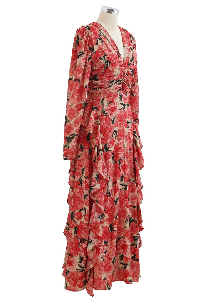 Ruched Red Floral V-Neck Ruffle Maxi Dress - Retro, Indie and Unique ...