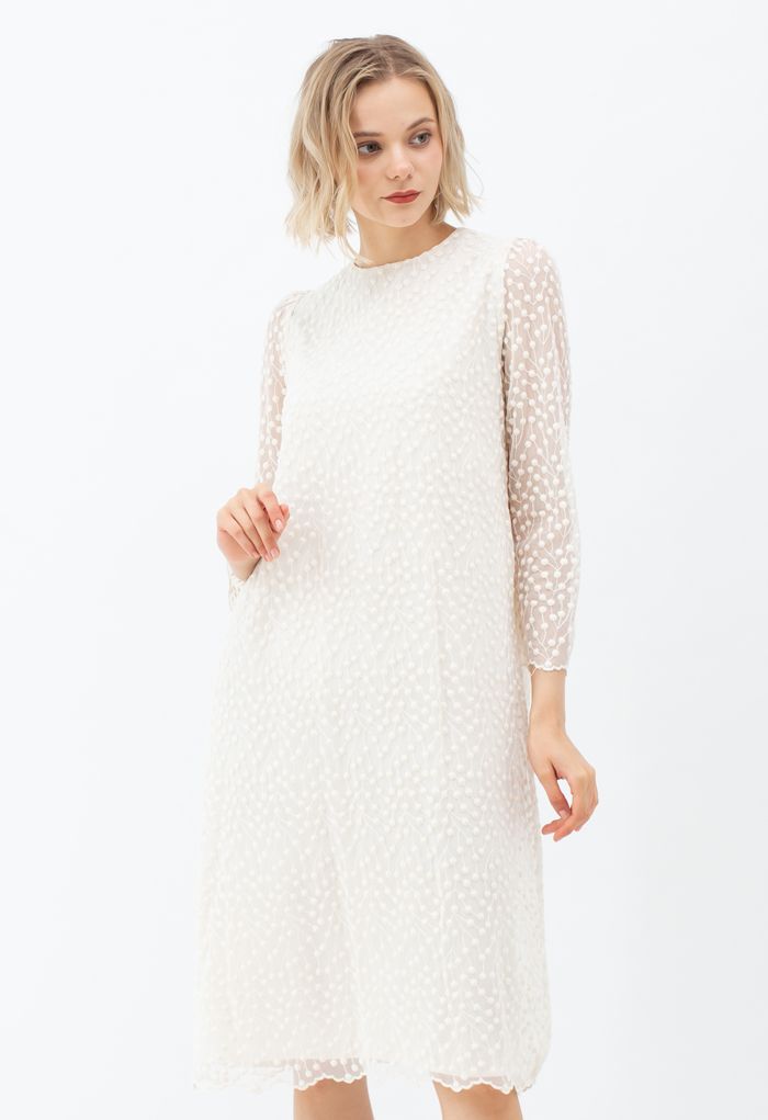 Embroidered Vine Dots Mesh Dress in Cream