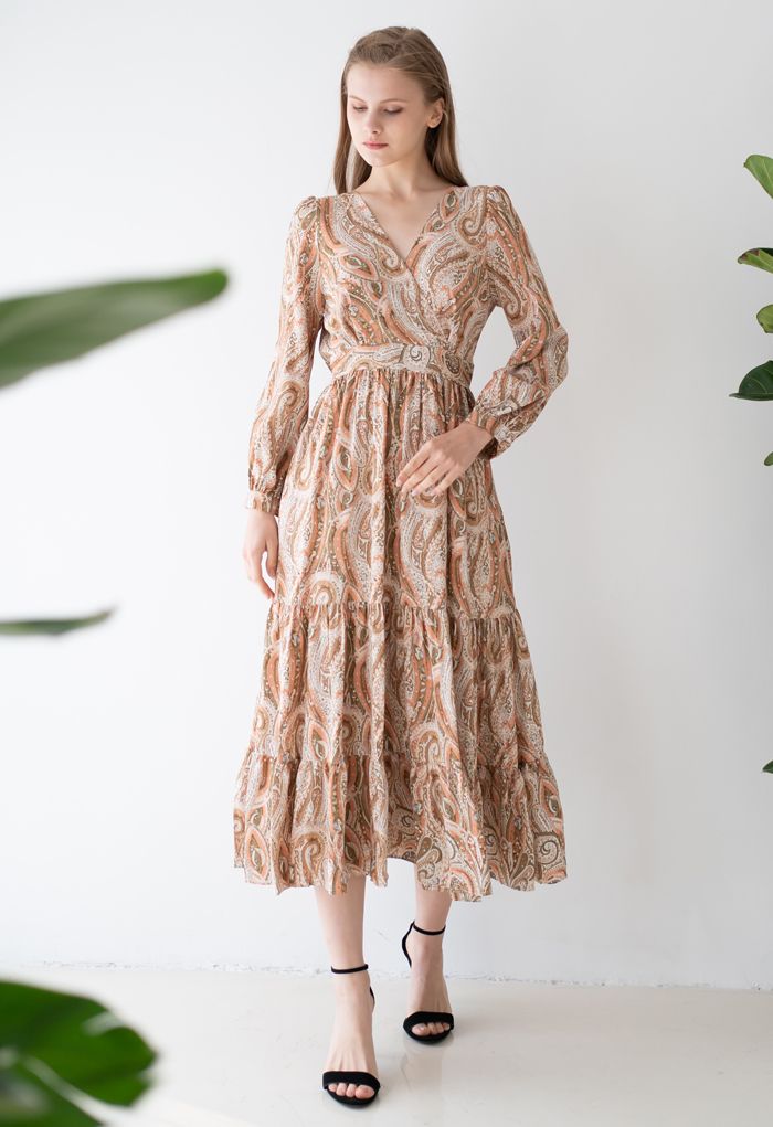 Paisley Floral Boho Wrap Frilling Dress in Coral