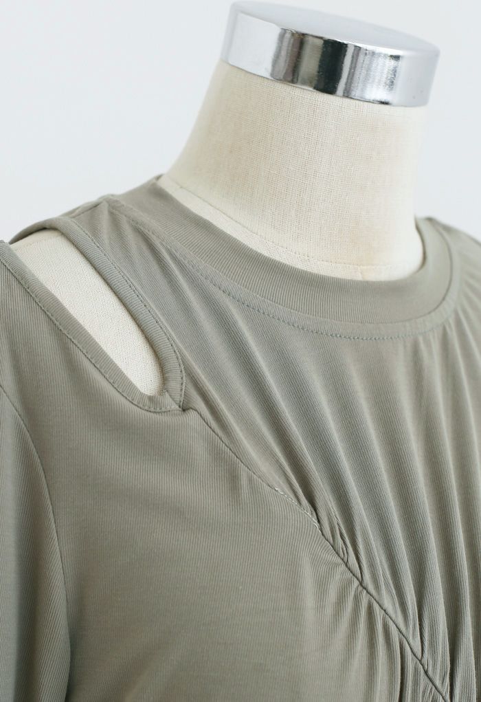 One-Shoulder Cutout Ruched Top in Olive