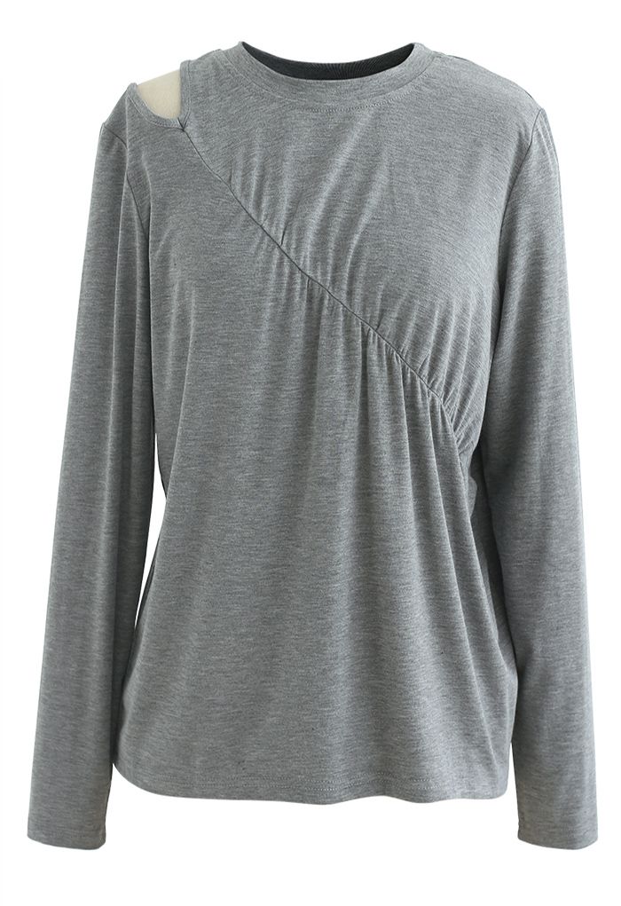 One-Shoulder Cutout Ruched Top in Grey