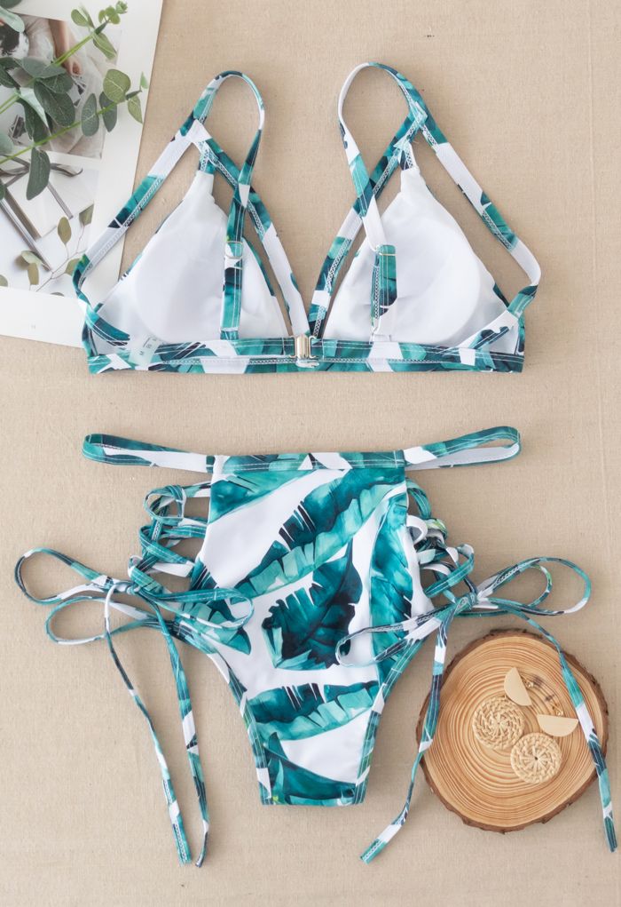 Lace-Up Strapped Bikini Set in Palm Leaves