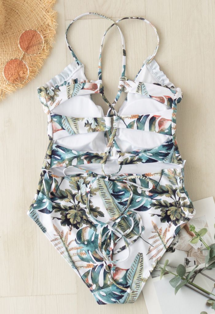 Lace-Up Back Tropical Palm Ruffle Swimsuit