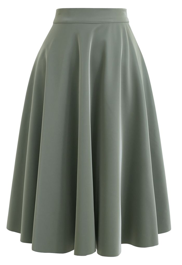 Sleek Faux Leather A-Line Midi Skirt in Olive