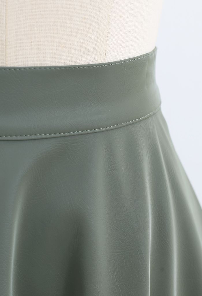 Sleek Faux Leather A-Line Midi Skirt in Olive