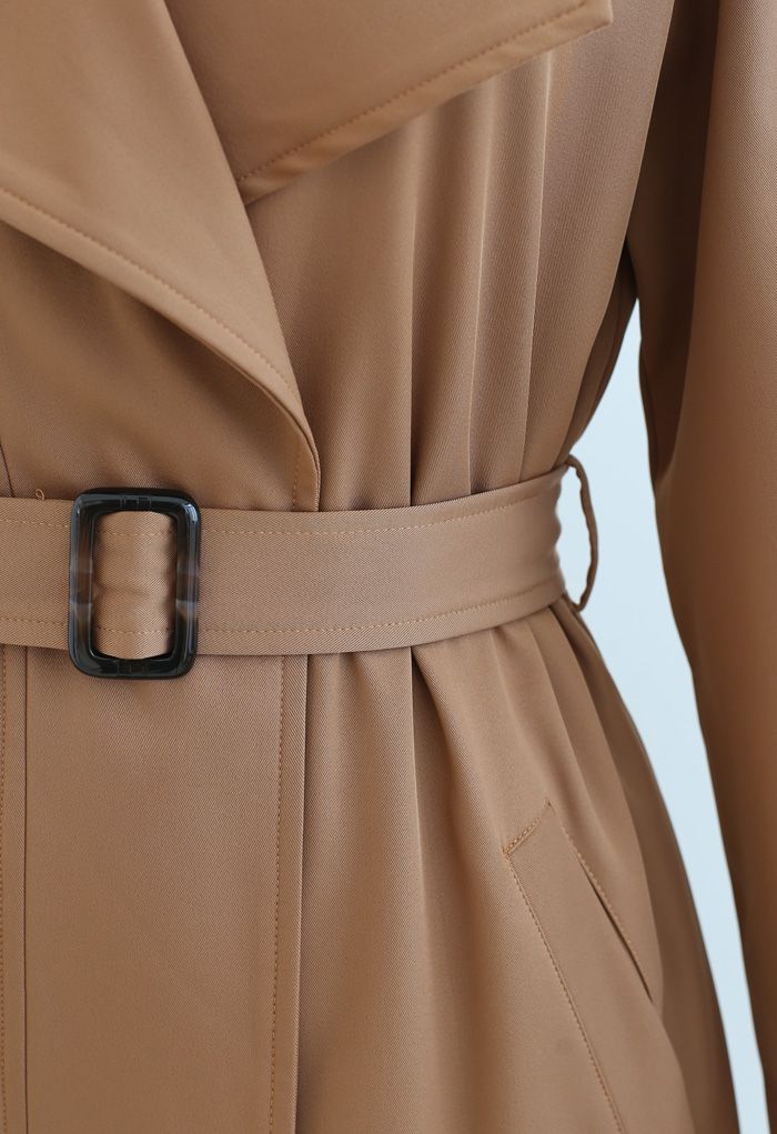 Belted Pocket Drape Neck Coat in Tan