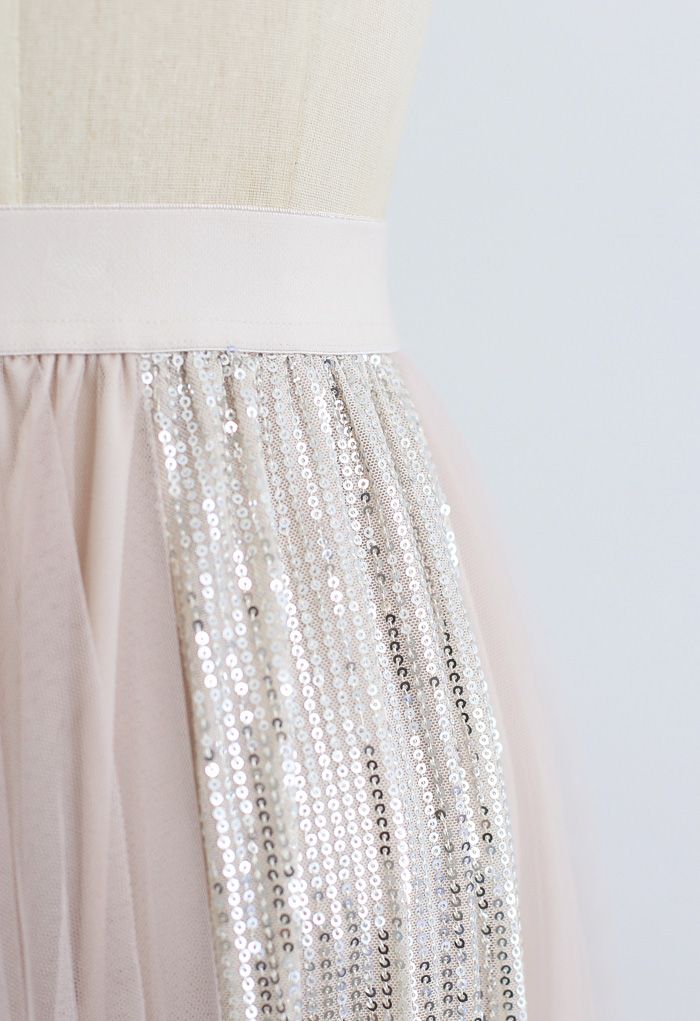 Shimmer Sequin Panelled Tulle Maxi Skirt in Cream