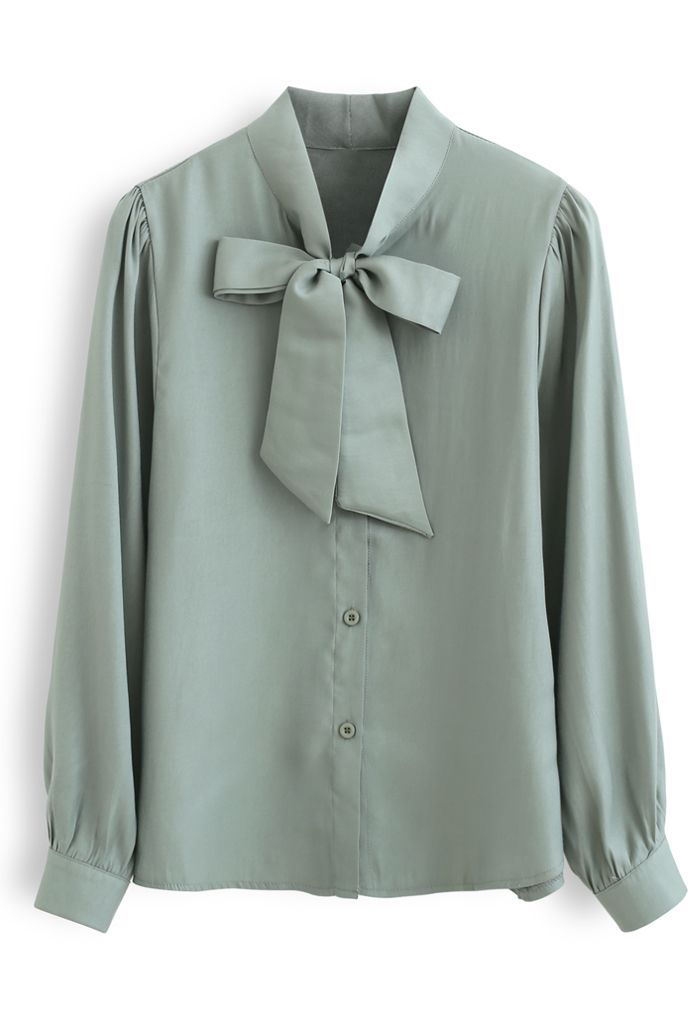 Shimmer Bowknot Button Down Shirt in Teal