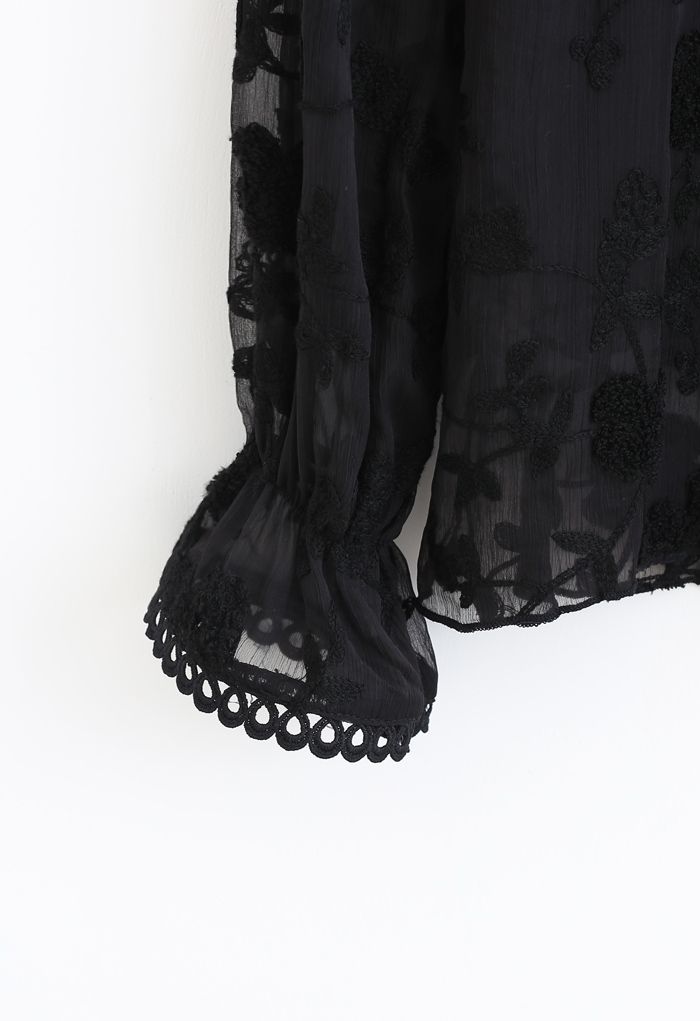 Sheer Organza Embroidered Floral Ruffle Top in Black