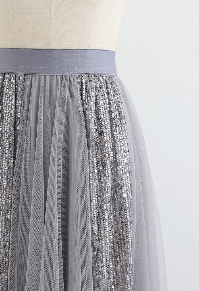Shimmer Sequin Panelled Tulle Maxi Skirt in Grey