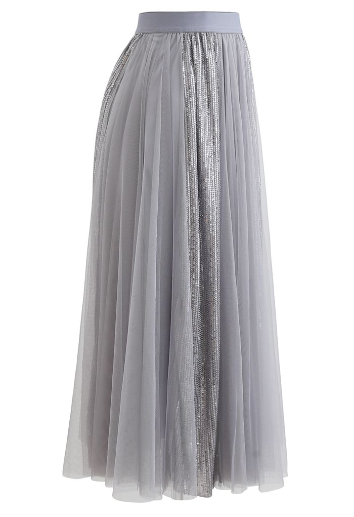 Shimmer Sequin Panelled Tulle Maxi Skirt in Grey