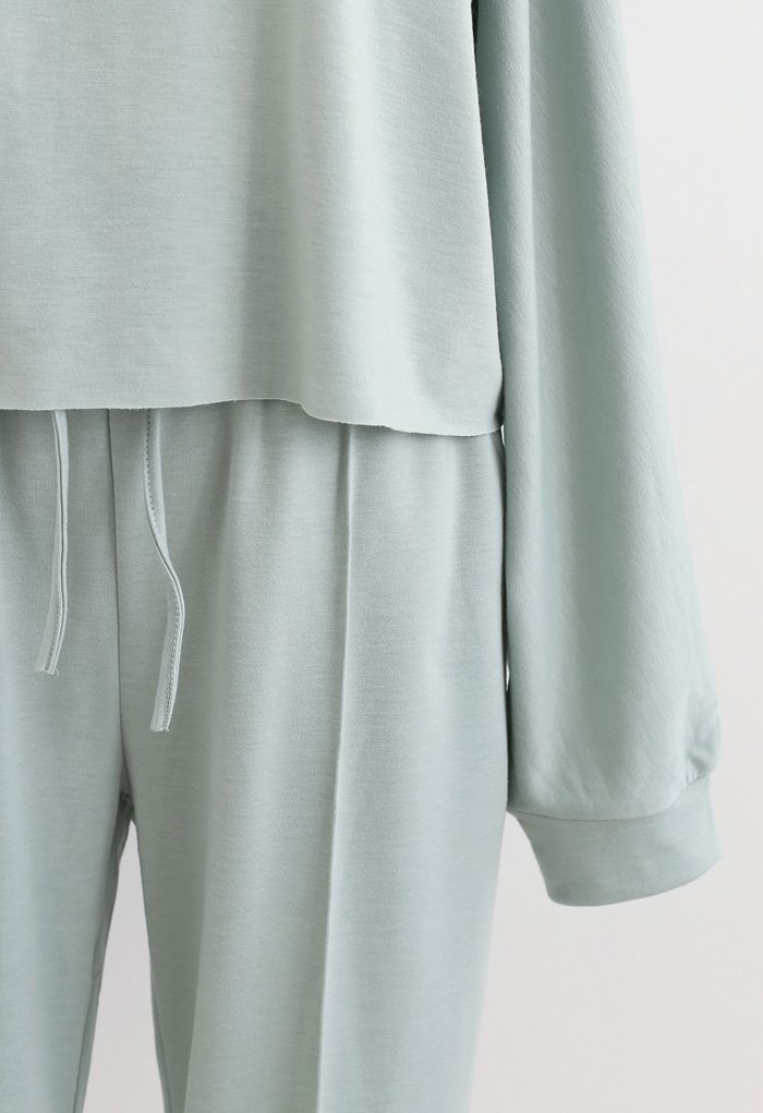 Raw-Cut Hem Sweatshirt and Seamed Pants Set in Mint