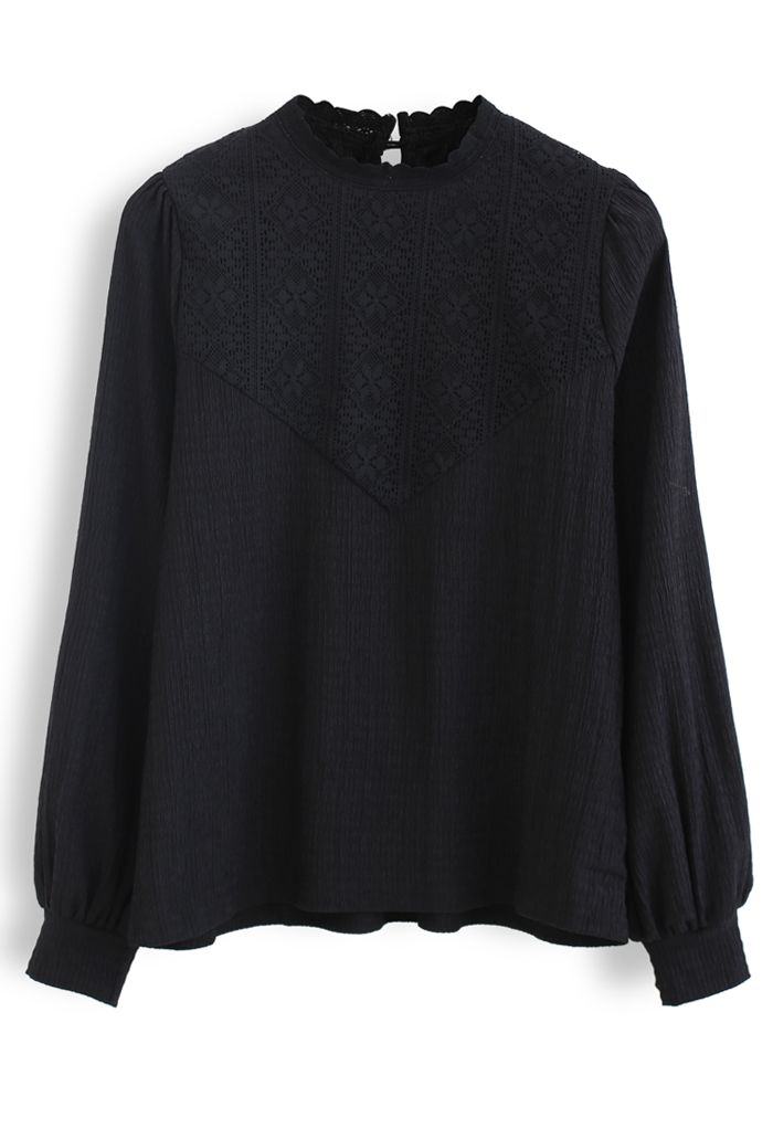 Crochet Panelled Puff Sleeves Smock Top in Black