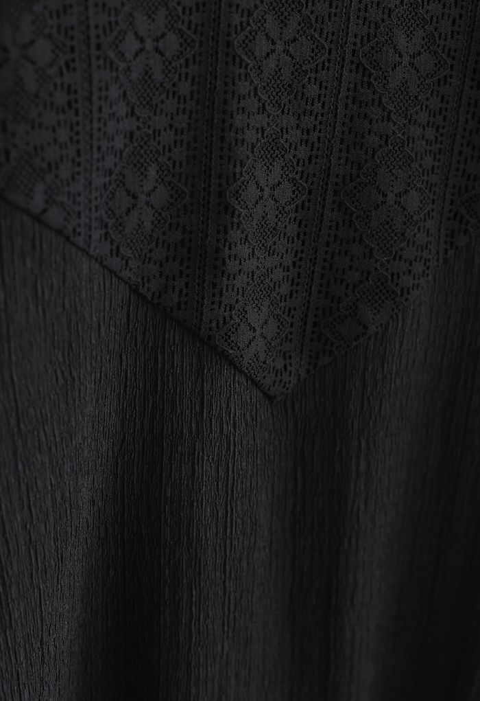 Crochet Panelled Puff Sleeves Smock Top in Black