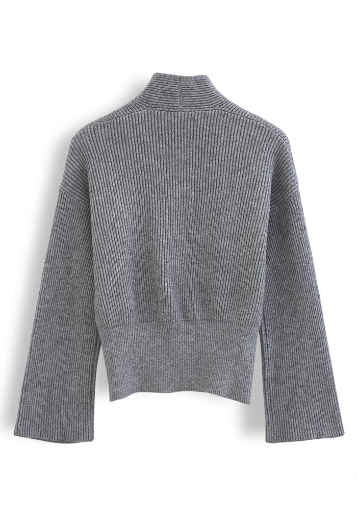 Ribbed Flare Sleeves Wrap Knit Top in Grey