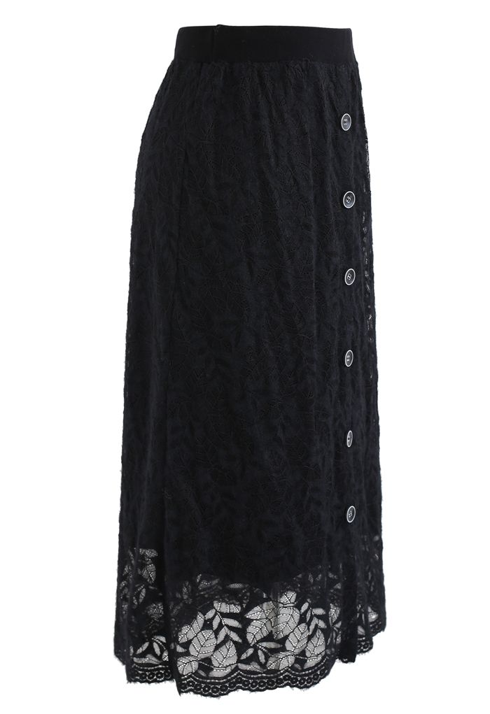 Leaves Pattern Button Lace Knit Midi Skirt in Black