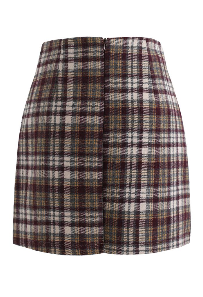 Plaid Wool-Blend Bud Skirt in Brown