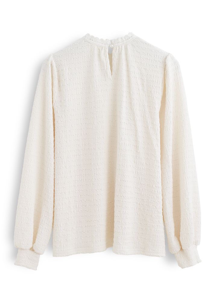 Crochet Panelled Puff Sleeves Smock Top in Cream