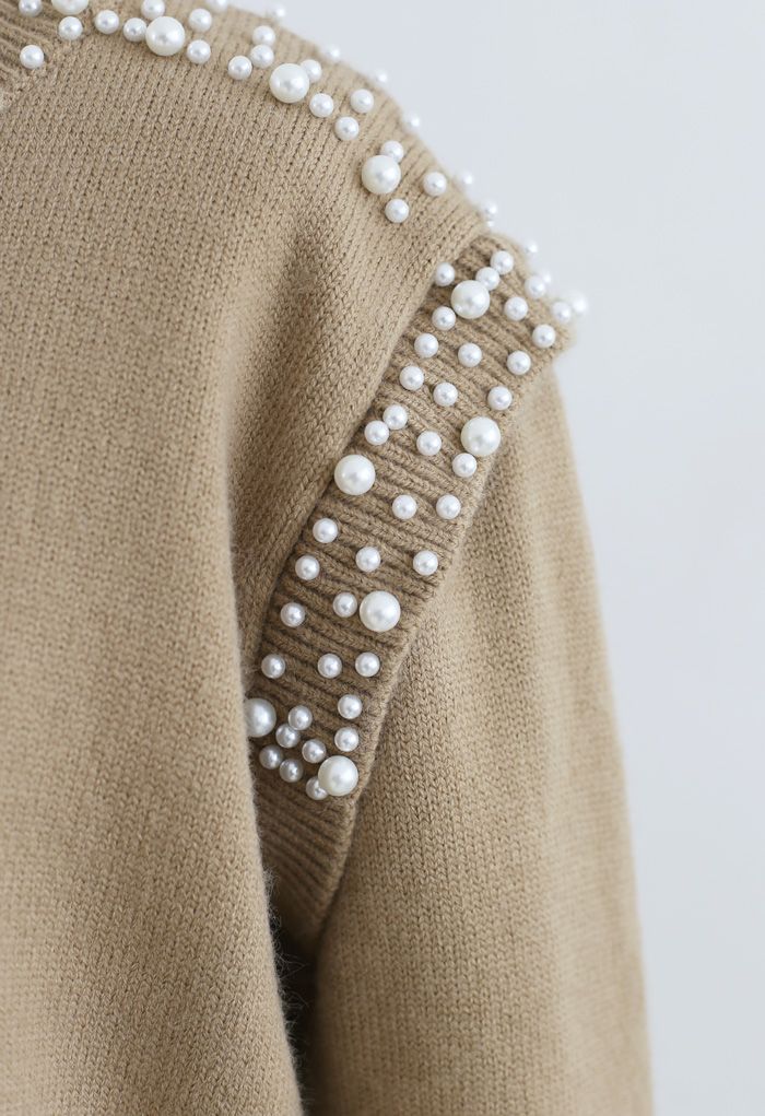 Pearl Decoration Longline Sweater in Camel