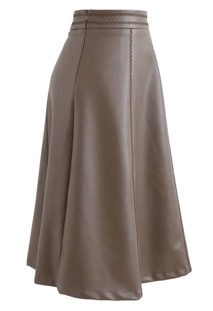 Stitch Faux Leather A-Line Midi Skirt in Taupe