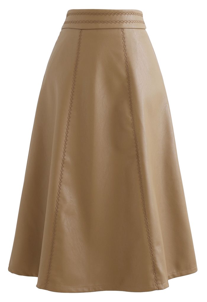 Stitch Faux Leather A-Line Midi Skirt in Caramel
