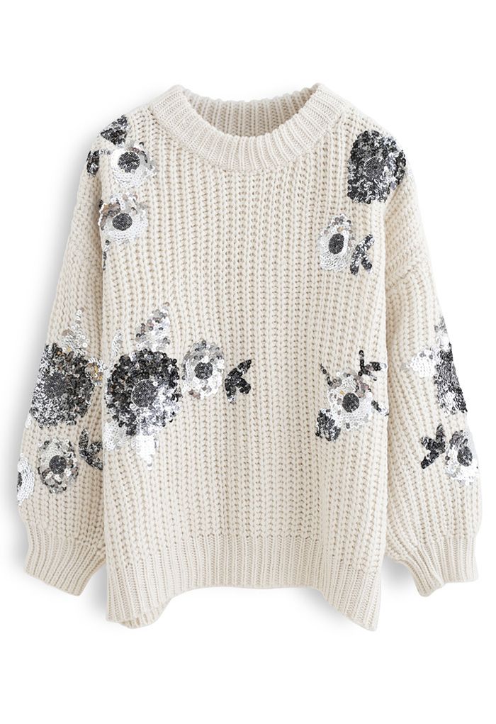 Sequin Floral Ribbed Chunky Knit Sweater in Ivory - Retro, Indie and ...