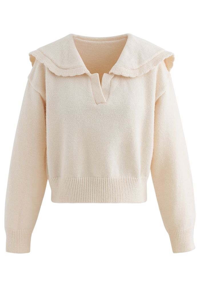 Peter Pan V-Neck Knit Crop Sweater in Cream