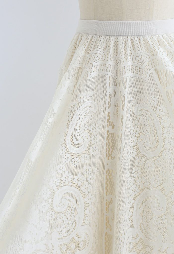 Divine Floral Lace Midi Skirt in Cream