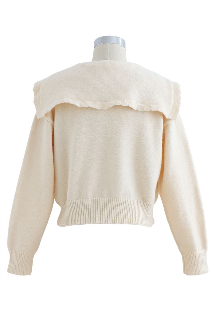 Peter Pan V-Neck Knit Crop Sweater in Cream