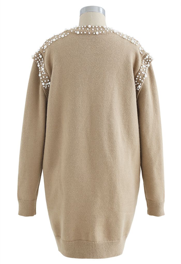 Pearl Decoration Longline Sweater in Camel