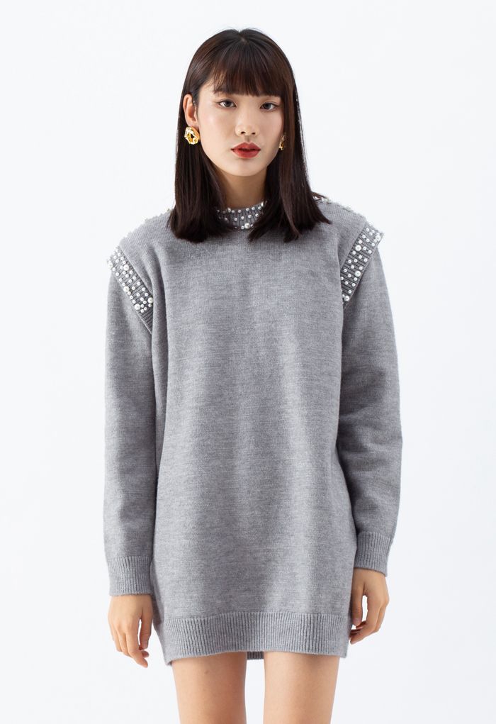 Pearl Decoration Longline Sweater in Grey