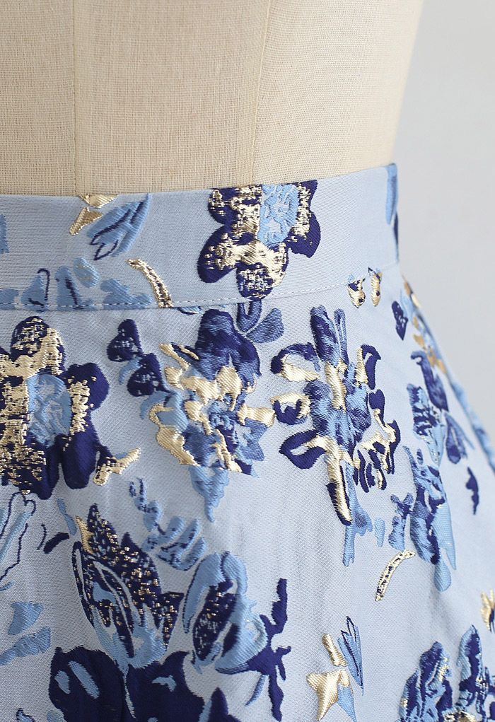 Blue Floral Embossed Jacquard Midi Skirt