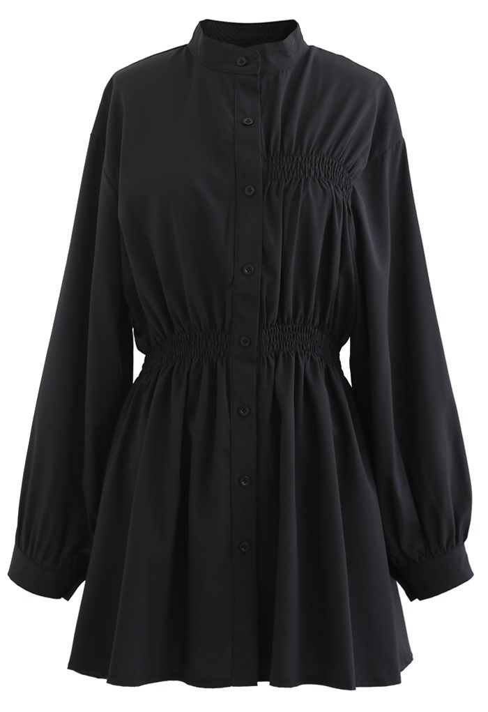 Asymmetric Shirred Button Down Shirt Dress in Black - Retro, Indie and ...