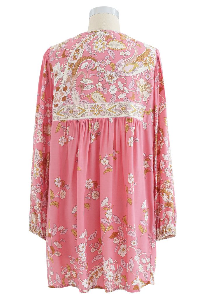 Long-Sleeve Floral Tassel Dolly Tunic in Pink