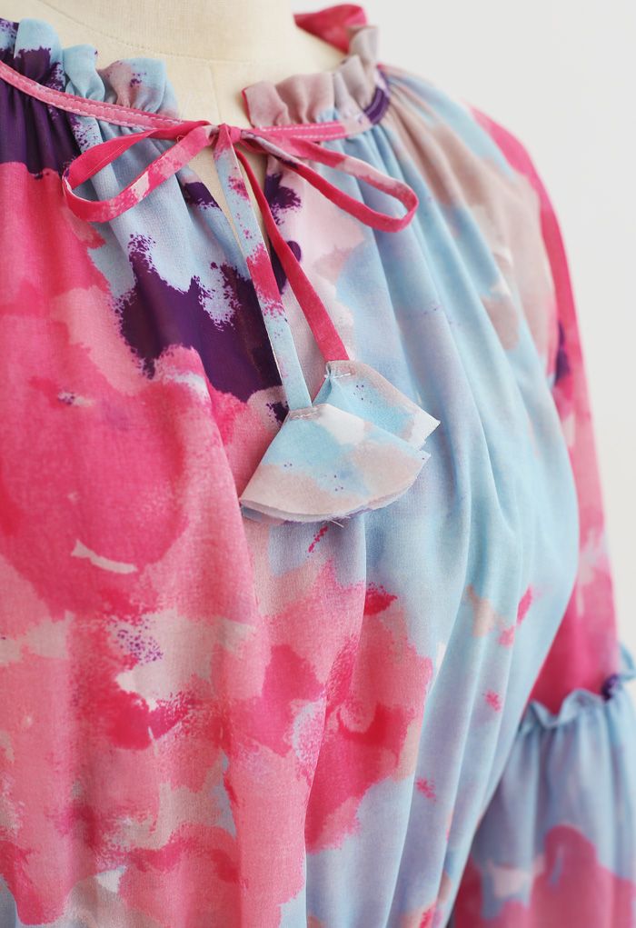 Tie Dye Bubble-Sleeve Chiffon Maxi Dress