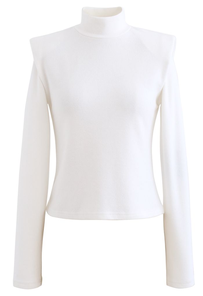 Padded Shoulder High Neck Fleece Top in White