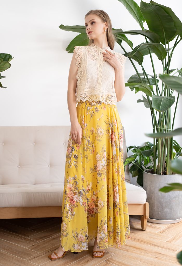 Timeless Favorite Floral Chiffon Maxi Skirt in Yellow