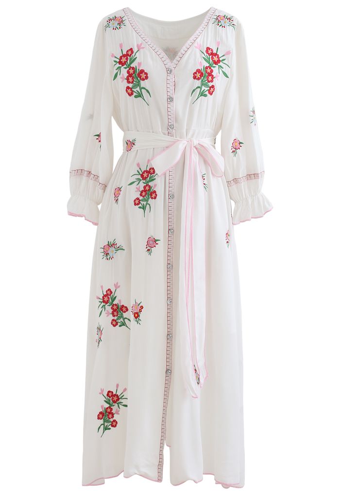 Red Bouquet Embroidered Tied Button Down Midi Dress